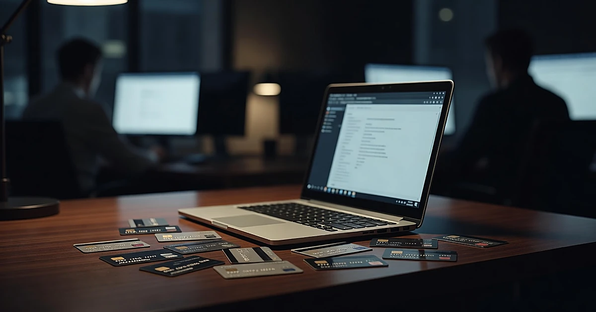 Credit cards scattered on laptop with silhouetted figures at computer screens in background