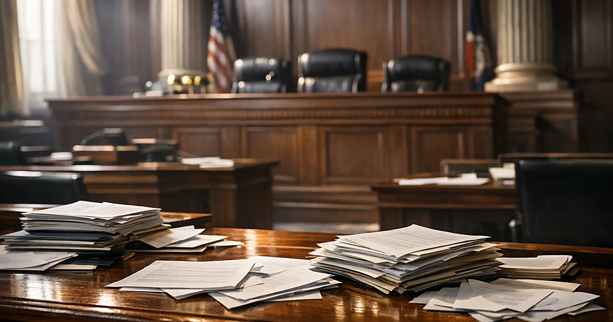 Empty courtroom bench with scattered legal documents and dramatic window lighting casting shadows across polished wood