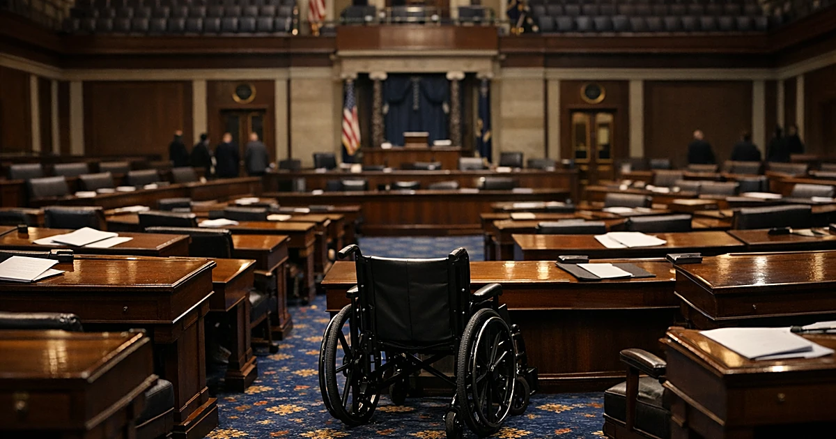 Empty Senate chamber floor with wheelchair positioned at desk among rows of legislative seating