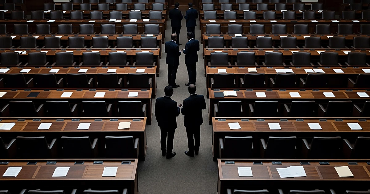 Silhouetted figures in business attire confer in aisles of legislative chamber with scattered papers on desks