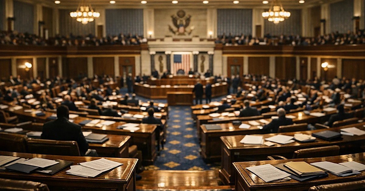 Wide view of legislative chamber interior with scattered papers on empty desks and raised bench