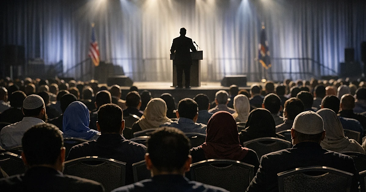 Silhouetted audience members face a lone speaker on stage at a large indoor political conference