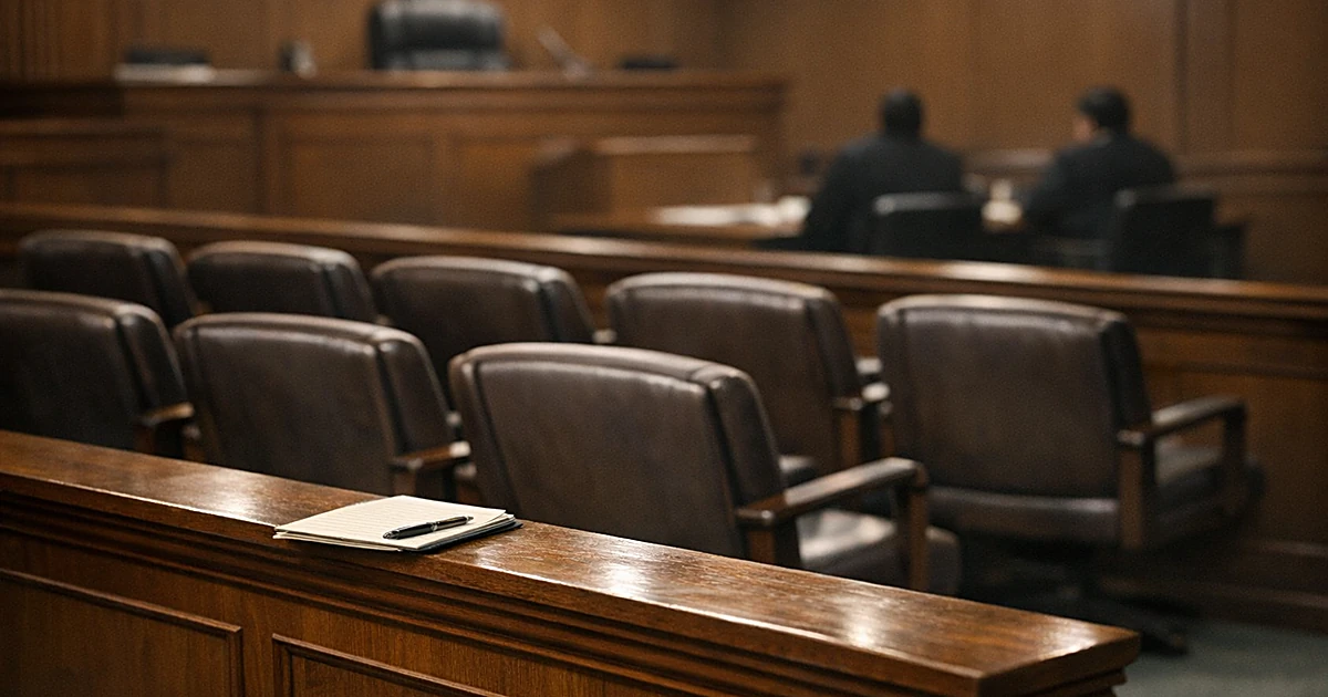 Empty jury box with twelve vacant chairs in a courtroom interior, suggesting a concluded trial deliberation