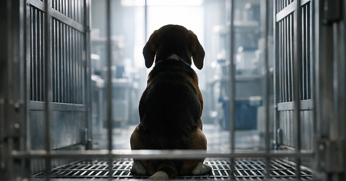 Beagle silhouette inside laboratory kennel cage with bars in foreground, clinical research facility background