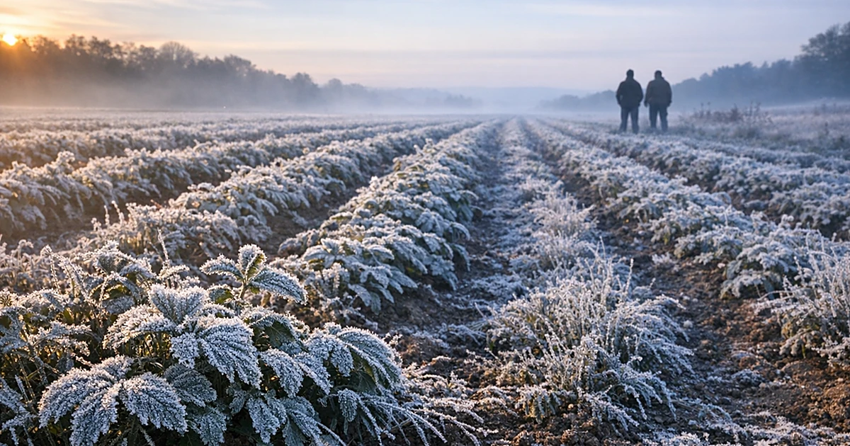 Frost-covered crop field at dawn showing ice crystals on vegetation under cold morning light