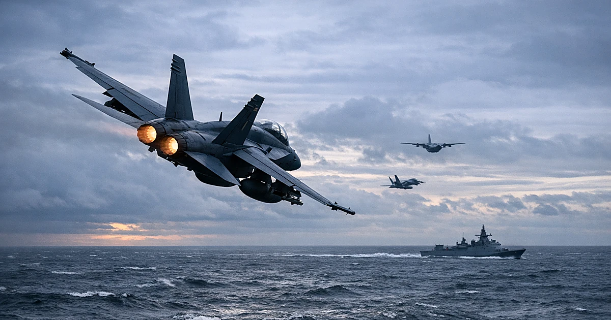 Fighter jet banking through overcast skies above dark waters of the Baltic Sea