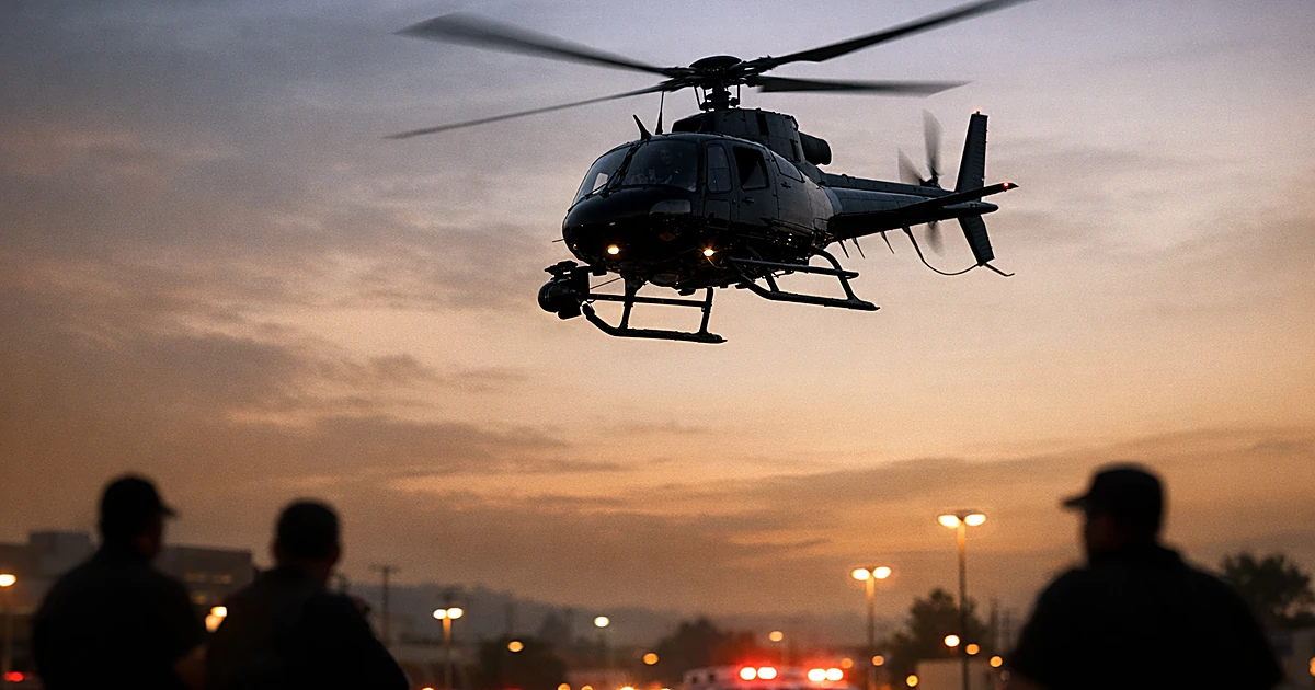 News helicopter silhouette against evening sky above urban landscape
