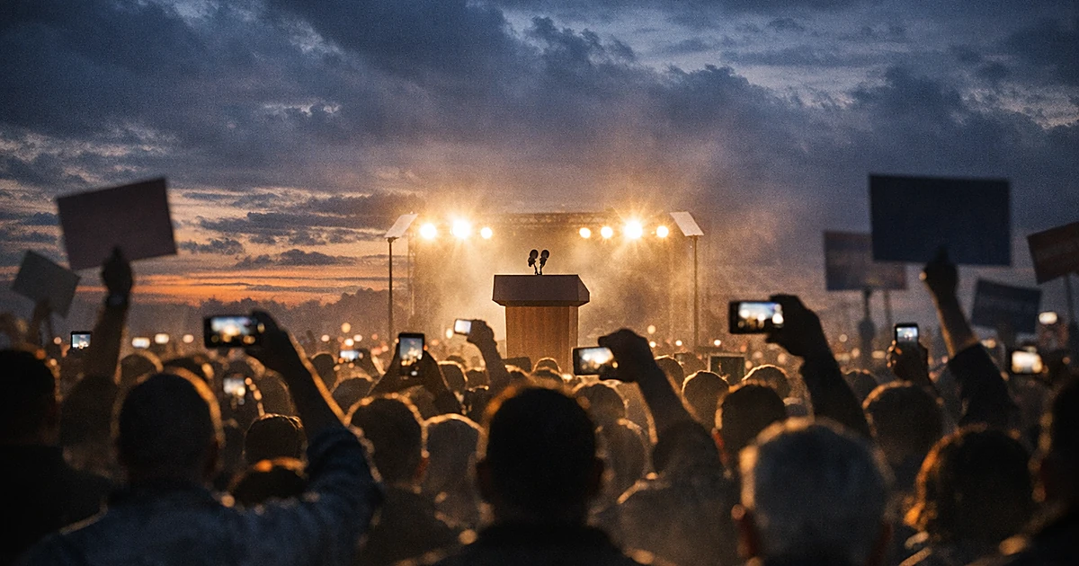 Silhouetted crowd at political rally facing empty podium with stage lights at dusk