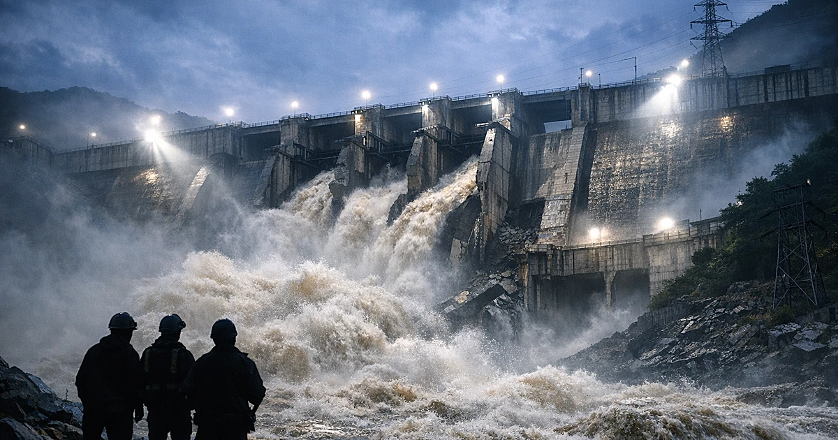 Hydropower dam with floodwater rushing through spillways at dusk with emergency lights illuminating concrete structure