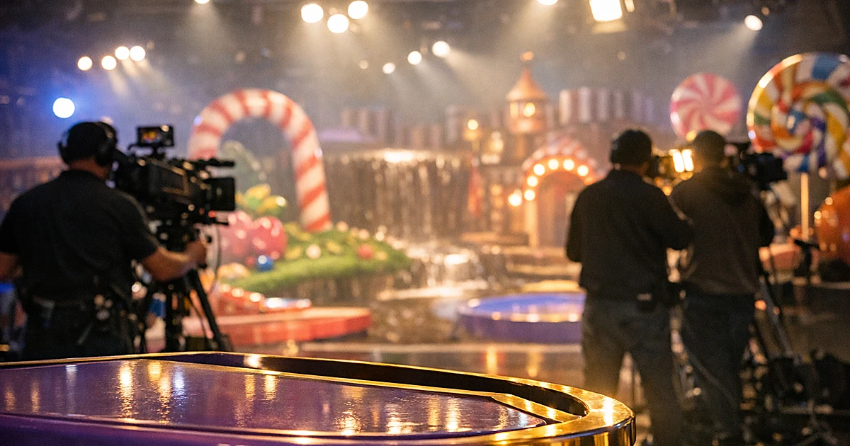 Television production studio set designed as colorful candy factory with crew silhouettes working in background