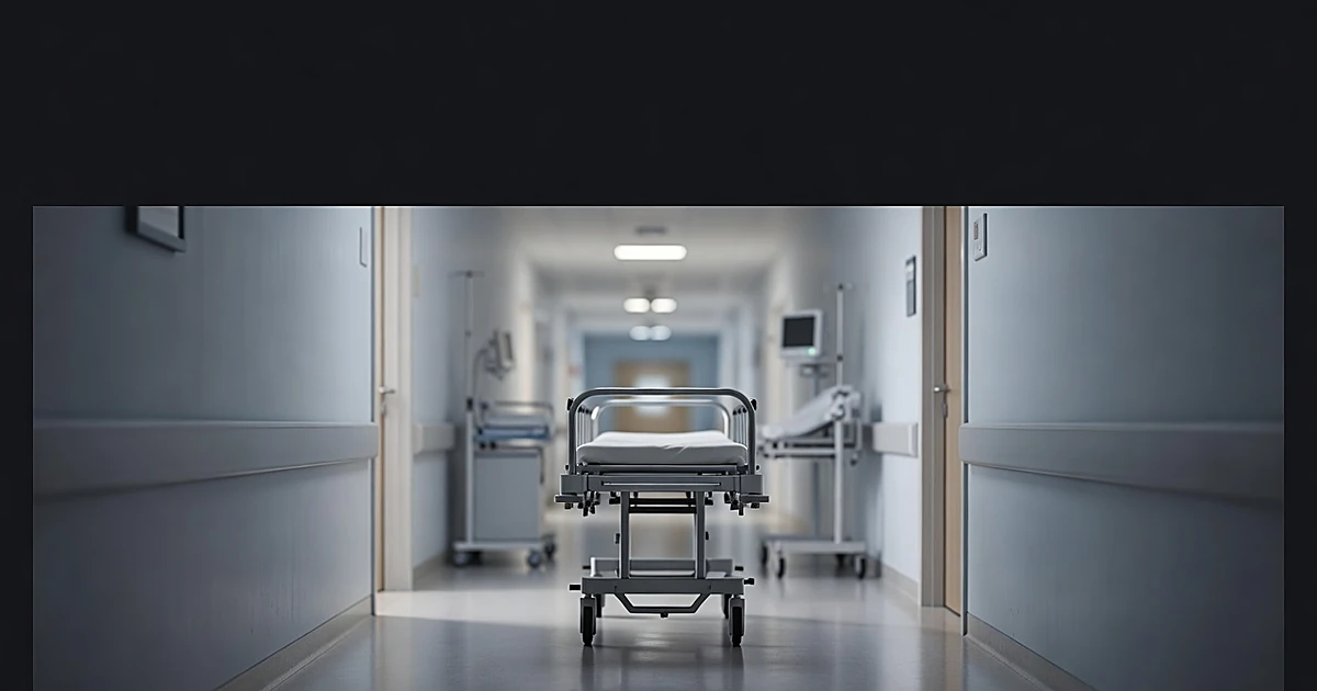 Empty hospital pediatric ward corridor with medical gurney in sterile fluorescent lighting