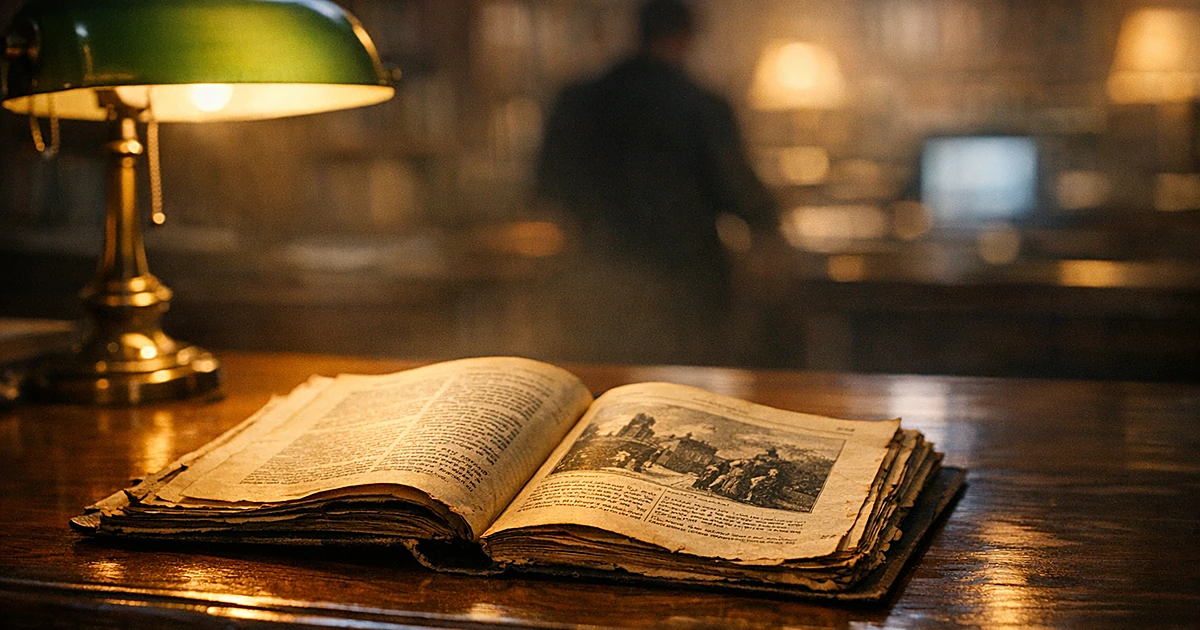 Antique 1890s magazine lying open on wooden library desk with warm lamp lighting and blurred background