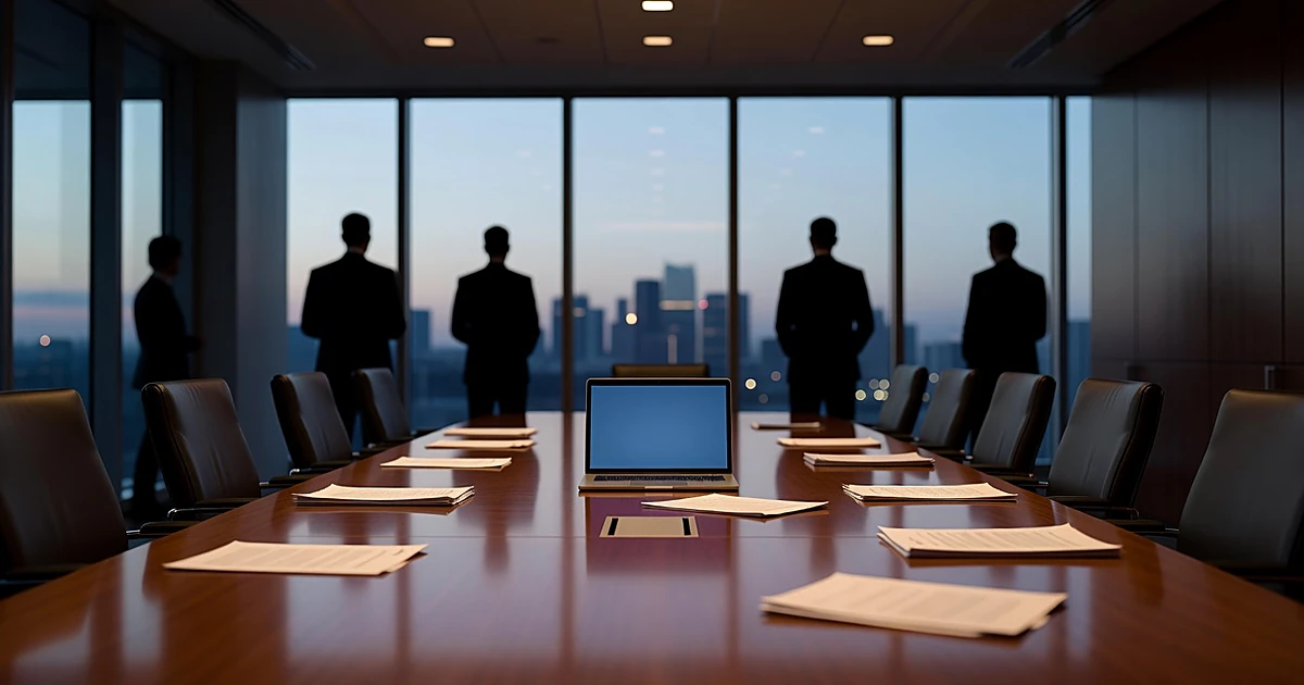 Corporate boardroom with scattered documents and silhouetted figures against city windows at dusk