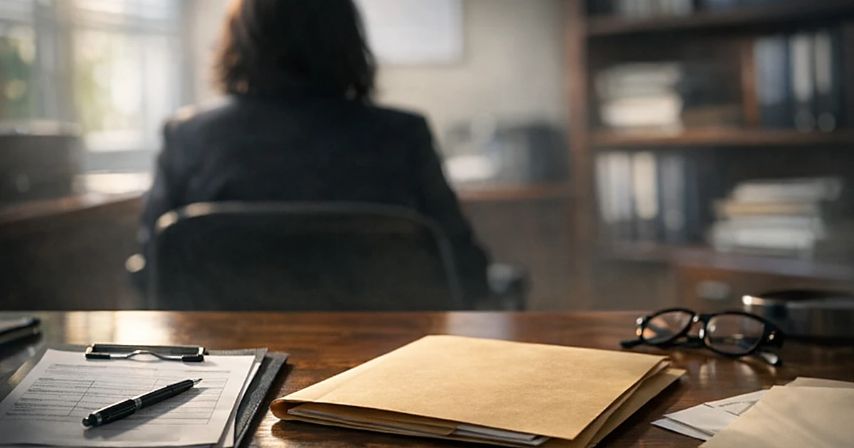 School social worker office desk with paperwork and silhouetted figure during consultation meeting
