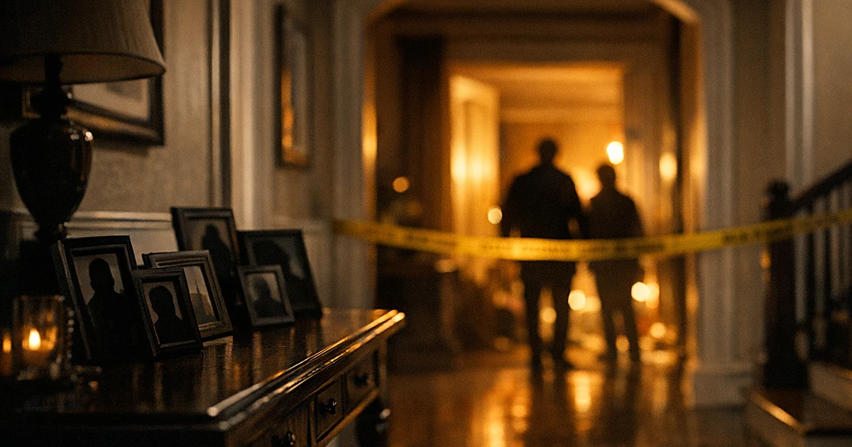 Shadowy luxury home hallway with silhouetted frames and warm light through distant doorway