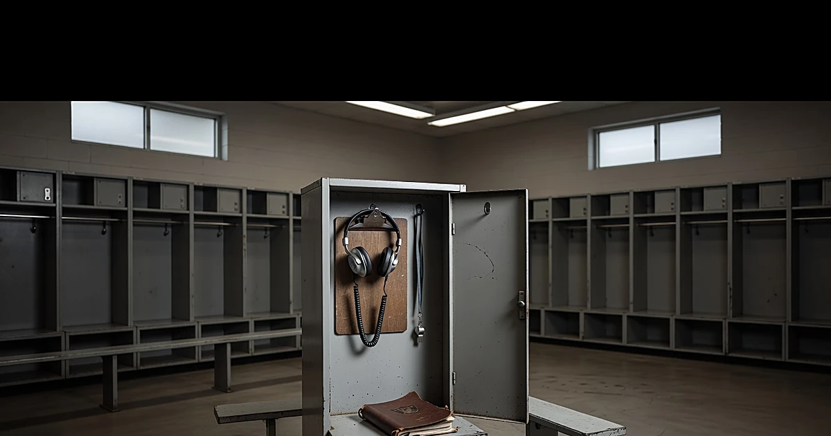 Empty NFL locker room with vintage coaching equipment and headset in open locker, stadium lights visible through windows