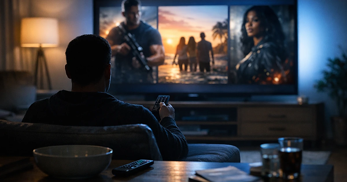Silhouetted viewer watching glowing television screen in darkened living room at dusk