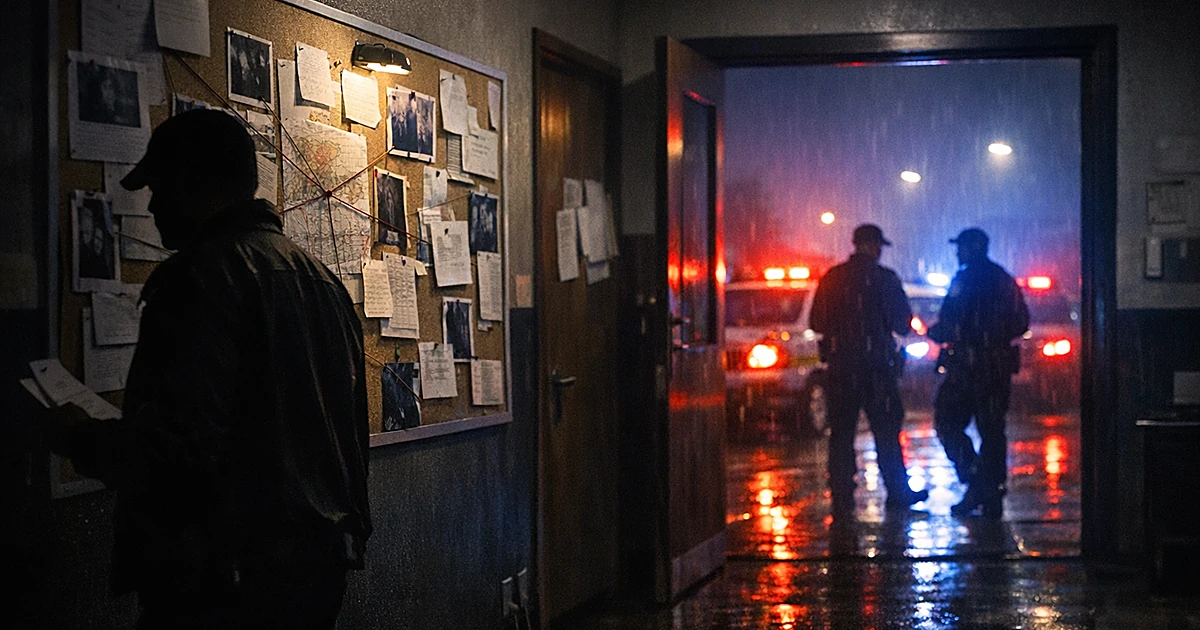 Silhouetted detective moving past evidence board in South African police station with emergency lights visible outside