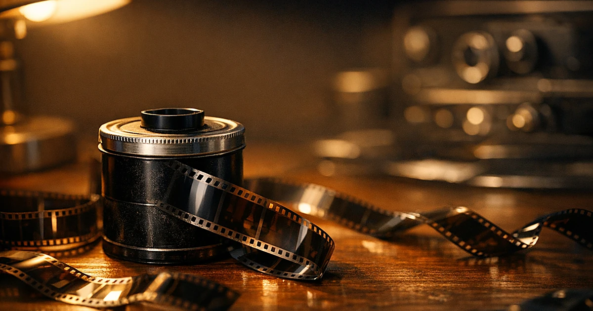 Film reel canister and strips of developed film on editing table with dramatic lighting
