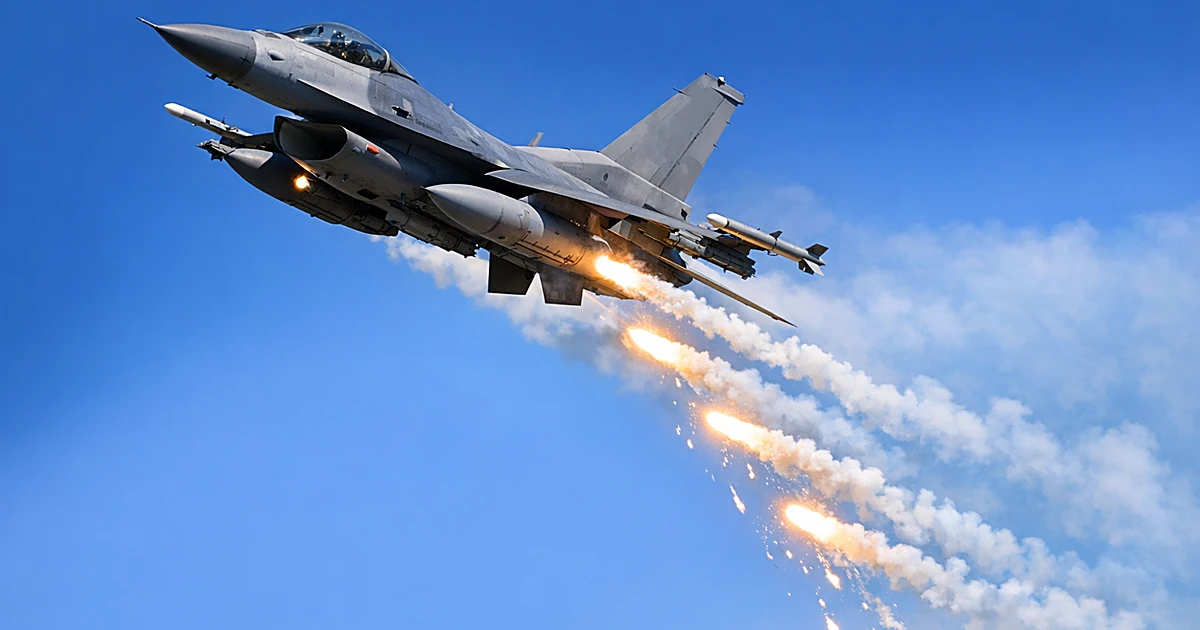 F-16 fighter jet deploying bright flares against clear sky during aerial intercept maneuver