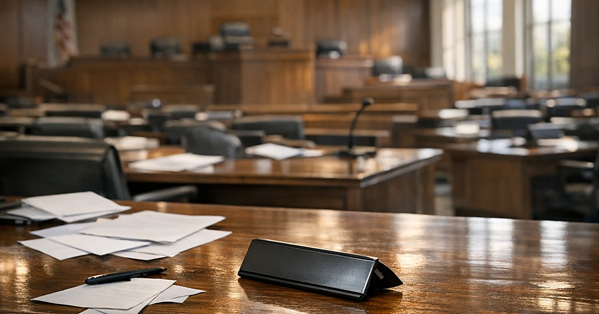 Empty legislative chamber with scattered papers and overturned nameplate on desk in afternoon light