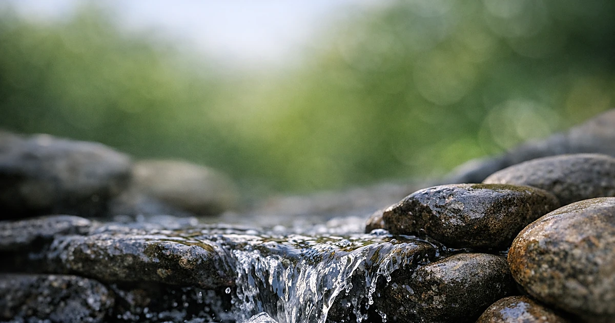 Garden water feature with flowing water over stones, ripples visible on surface with blurred natural background