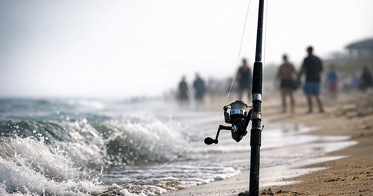 Fishing rod planted in wet sand with taut line extending into ocean surf at beach