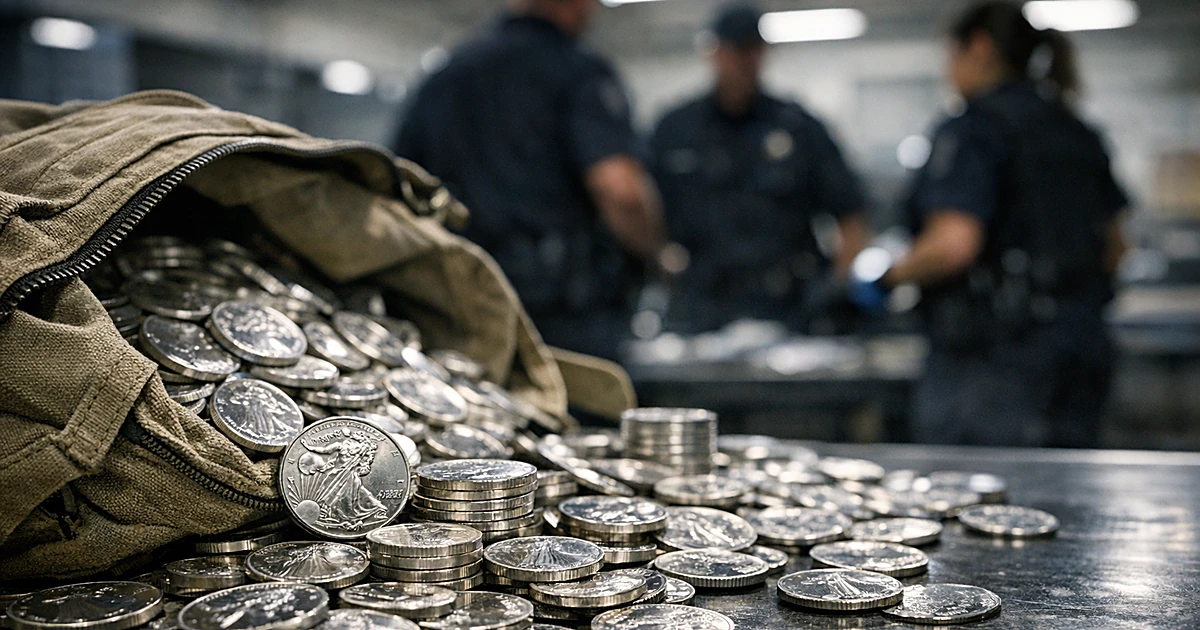 Thousands of silver coins scattered across customs inspection table with law enforcement silhouettes in background