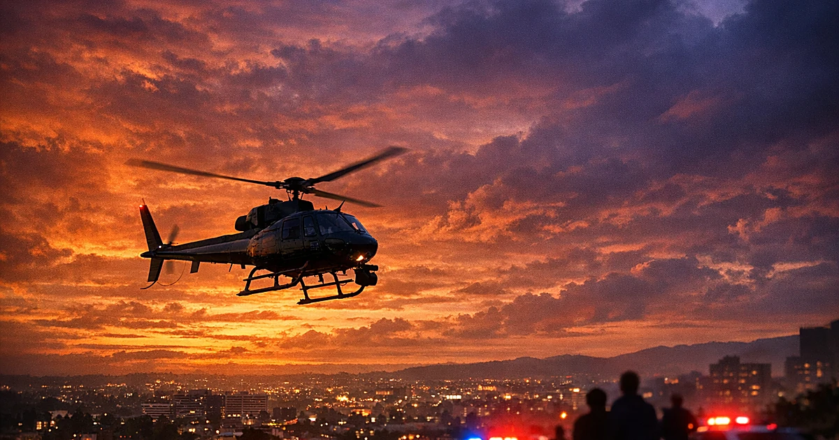 News helicopter silhouetted against dramatic dusk sky hovering over urban landscape with emergency lights below