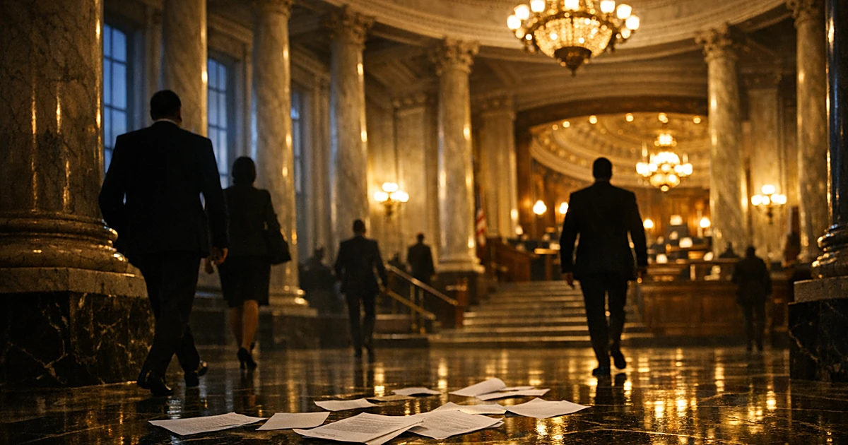 Silhouetted figures walk through a grand marble government building interior with towering columns at dusk