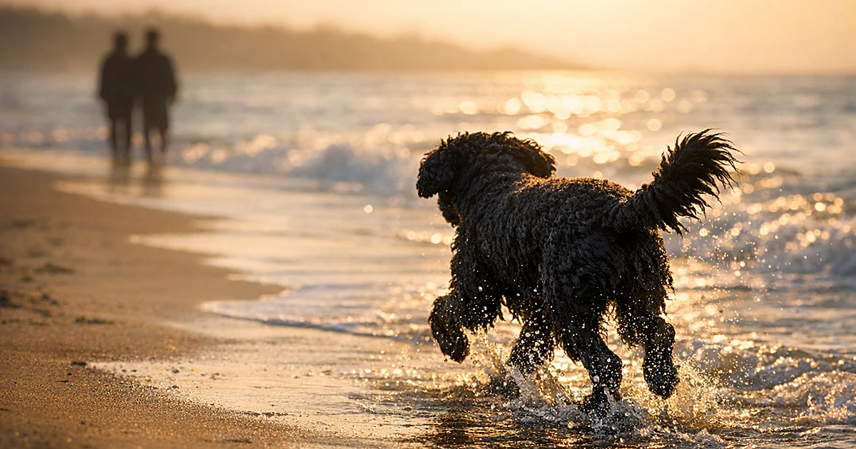 Portuguese Water Dog with black curly coat running through shallow beach water, photographed from behind