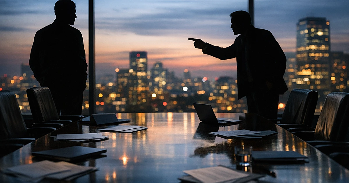 Boardroom with silhouetted figures at opposite ends of conference table, documents scattered, city skyline at dusk