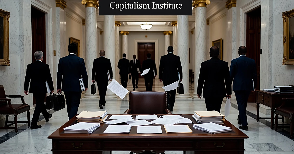 Silhouetted government officials moving through marble federal office hallway with documents on desk in foreground