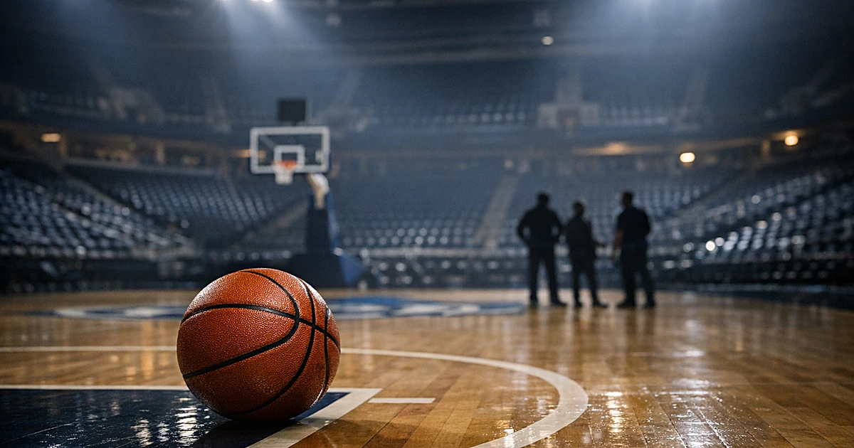 Empty college basketball arena at night with basketball on court under bright stadium lights