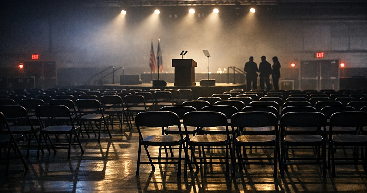 Empty campaign rally venue with rows of chairs facing distant stage at dusk in upstate New York