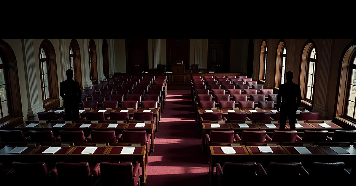 Empty legislative chamber with two silhouetted figures standing in opposing aisles, papers scattered on desks