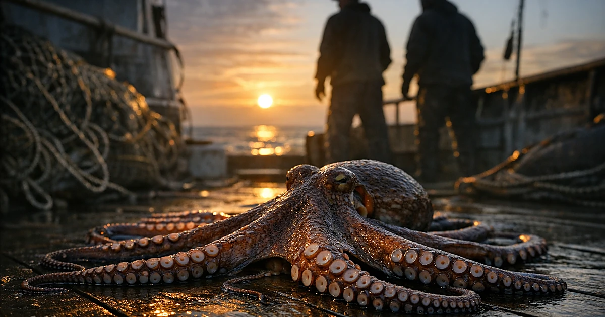 Octopus on fishing boat deck with fishermen silhouettes at sunrise on Mexican coast