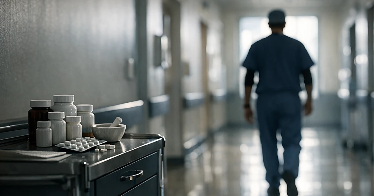 Silhouetted medical professional walking down hospital corridor with medication cart in foreground