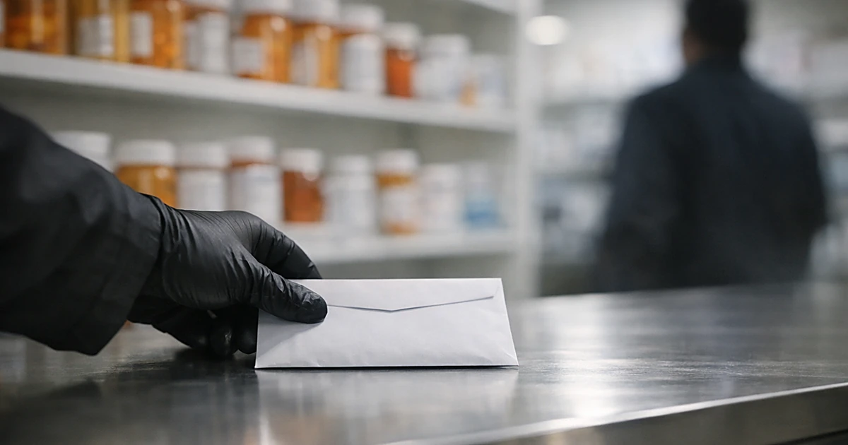 Silhouetted hand sliding prescription envelope across pharmacy counter with medication bottles in background
