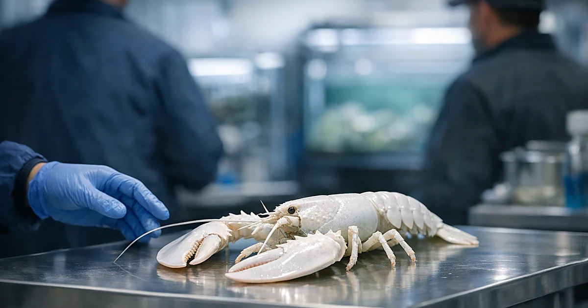 White lobster on steel table in marine research lab with measurement tools and blurred equipment in background