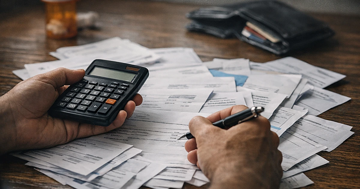 Hands with calculator reviewing medical bills and insurance documents on kitchen table with empty wallet nearby