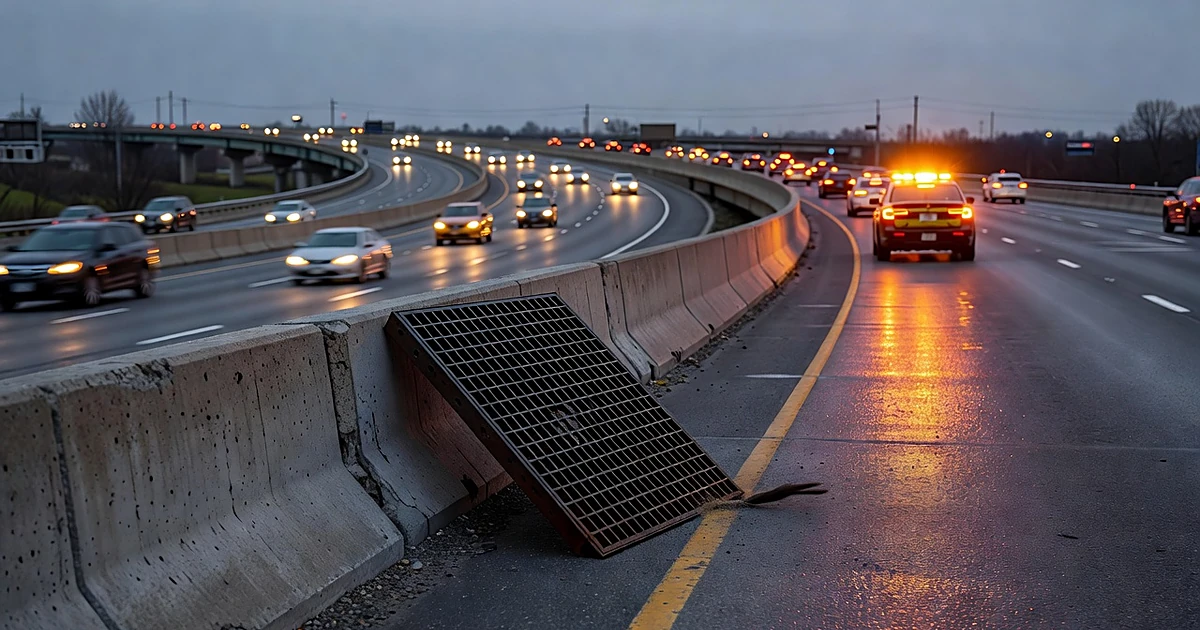 Lifted storm drain grate on highway shoulder with emergency lights reflecting on wet pavement at dusk