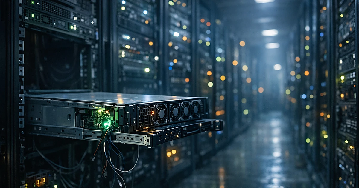 Server partially pulled from rack in dark data center with glowing blue and amber status lights