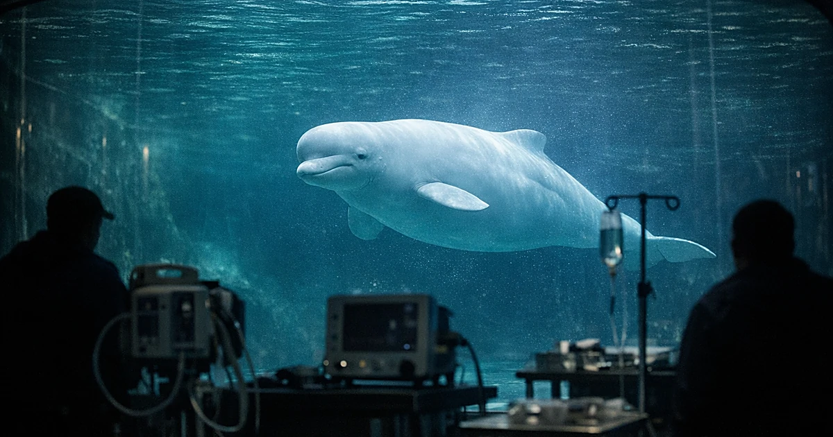 Beluga whale swimming in dimmed aquarium tank with medical equipment visible along the edge