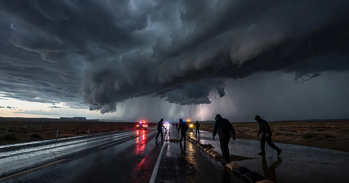 Storm clouds approaching desert highway with emergency workers positioning flood barriers at dusk
