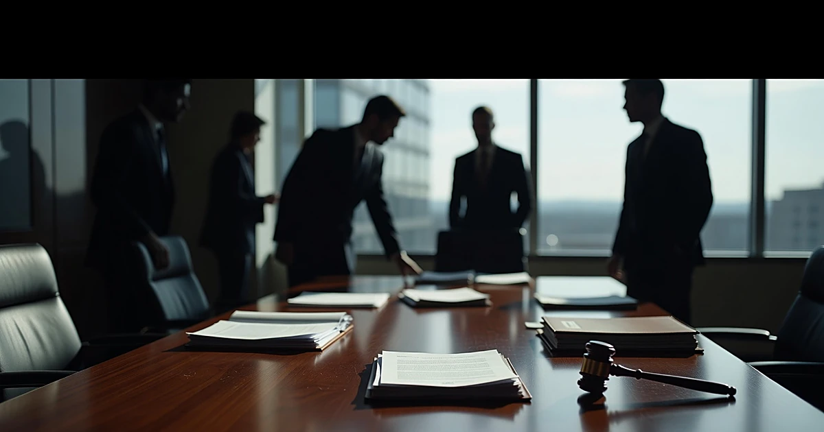 Boardroom table with estate documents and silhouetted figures in background during legal dispute