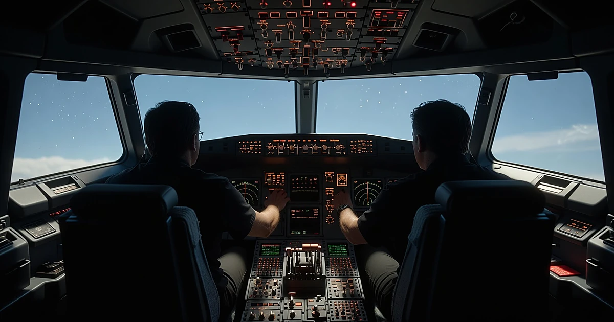 Aircraft cockpit interior with silhouetted crew and illuminated emergency indicators during flight