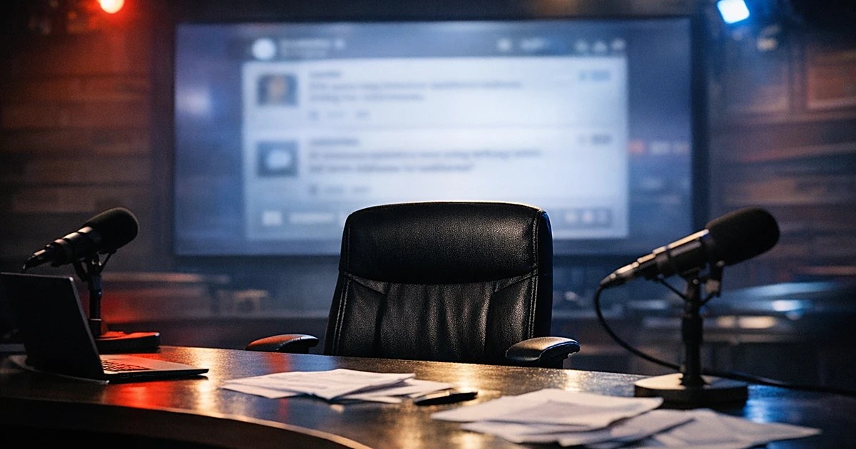 Empty broadcast studio desk with microphones and monitor showing blurred social media post during live show