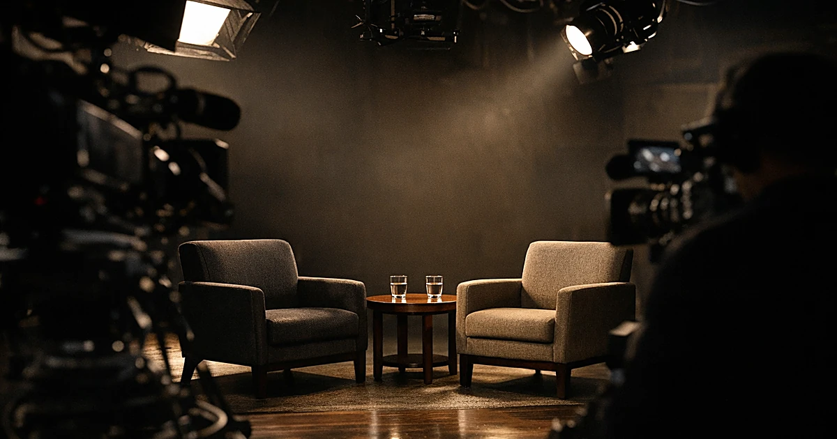 Empty television interview chairs in broadcast studio with professional lighting and camera equipment