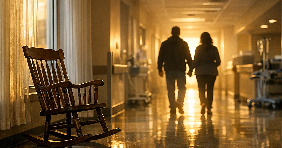 Empty rocking chair in hospital maternity ward corridor with morning light and distant silhouettes walking toward window